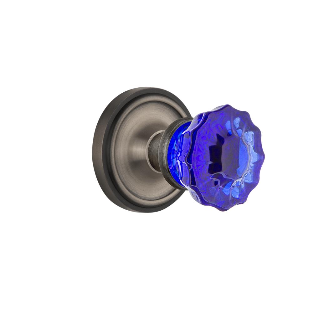 Nostalgic Warehouse CLACRC Colored Crystal Classic Rosette Single Dummy Crystal Cobalt Glass Door Knob in Antique Pewter